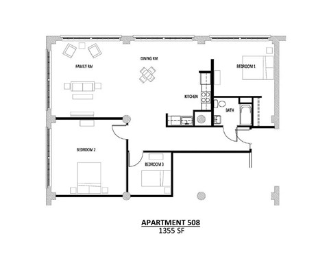 Apartment 508 is a 1355 square foot space with three bedrooms, a family room, a dining room, and a kitchen.